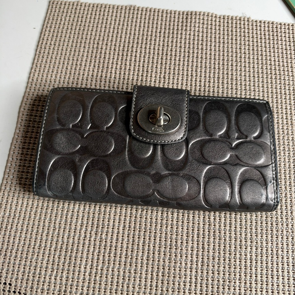 Coach Metallic Pewter Embossed Signature Leather Turnlock Slim Envelope Wallet